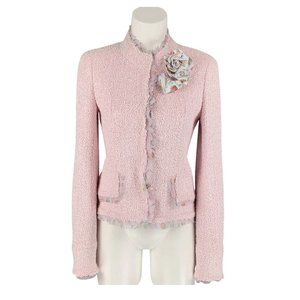 2004 CHANEL 04C Pink Boucle Raw Edge Ice Cream Silk Trim Jacket Camellia FR-36